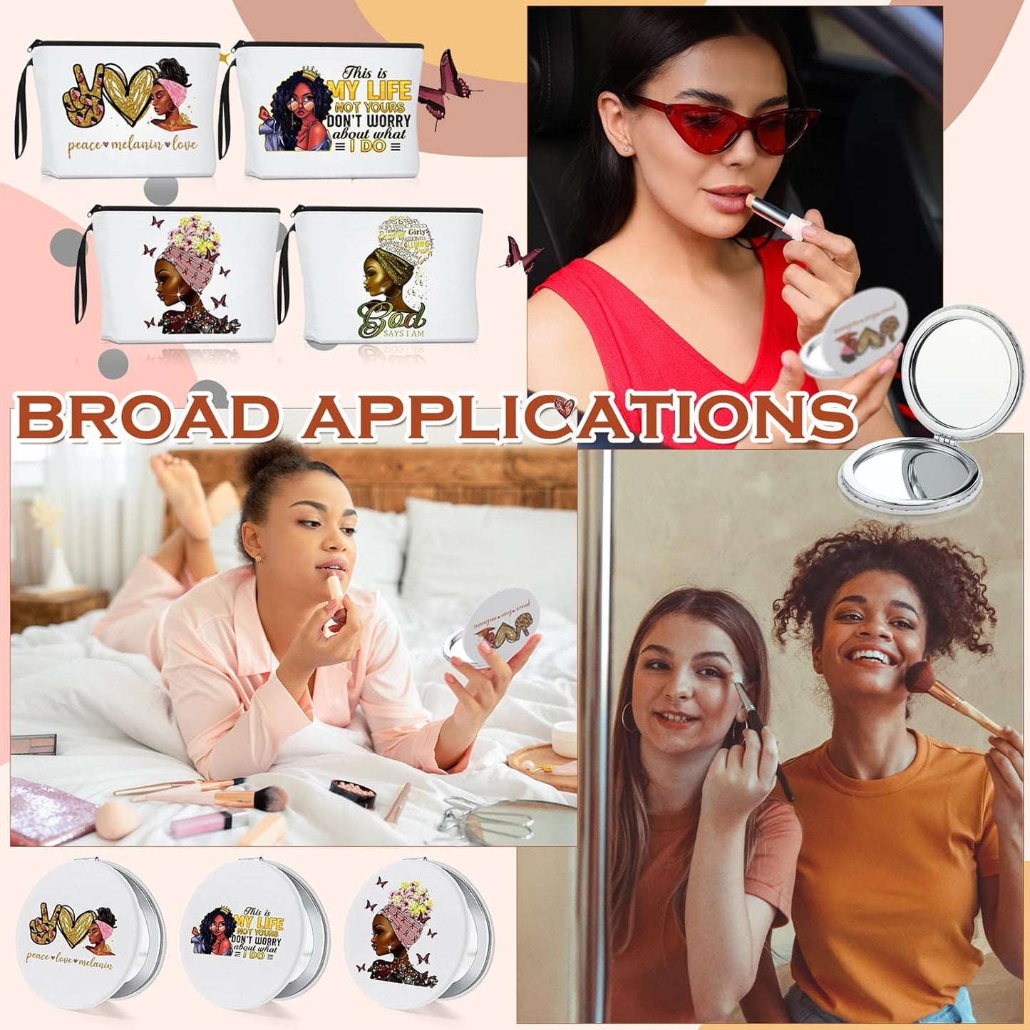 4 Pcs African American Makeup Bags with 4 Pcs Black Girl Compact Mirrors for Black Women Black Girl Gifts Canvas Travel Zippered Toiletry Bag Mirror Double Sides Make up Mirror