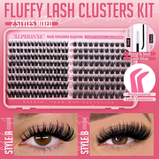 Fluffier Lash Clusters Kit 2 Styles Mixed Cluster Eyelash Extensions Kit Wispy Individual Lashes DIY Lash Extension Kit with Bond and Seal Tweezers by