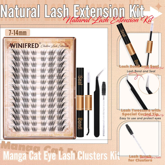 Cat Eye Lash Clusters Kit Natural Eyelash Extension Kit Wispy Lash Clusters Manga Lashes Kit C Curvature Cluster Eyelash Extensions Left&Right Eyelash Clusters Kit with Bond and Seal by