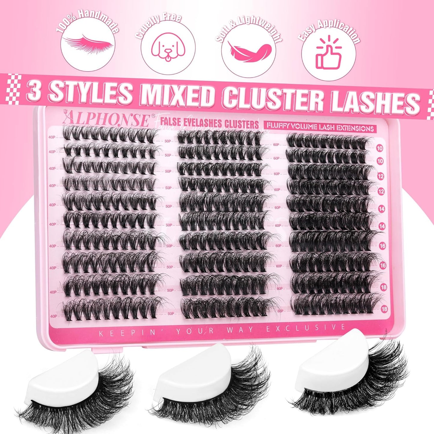 Fluffier Lash Extension Kit 300Pcs DIY Lash Clusters Kit 40D+50D+60D Wispy Cluster Eyelash Extensions 10-18Mm Individual Lashes Kit with Lash Bond and Seal and Tweezers by