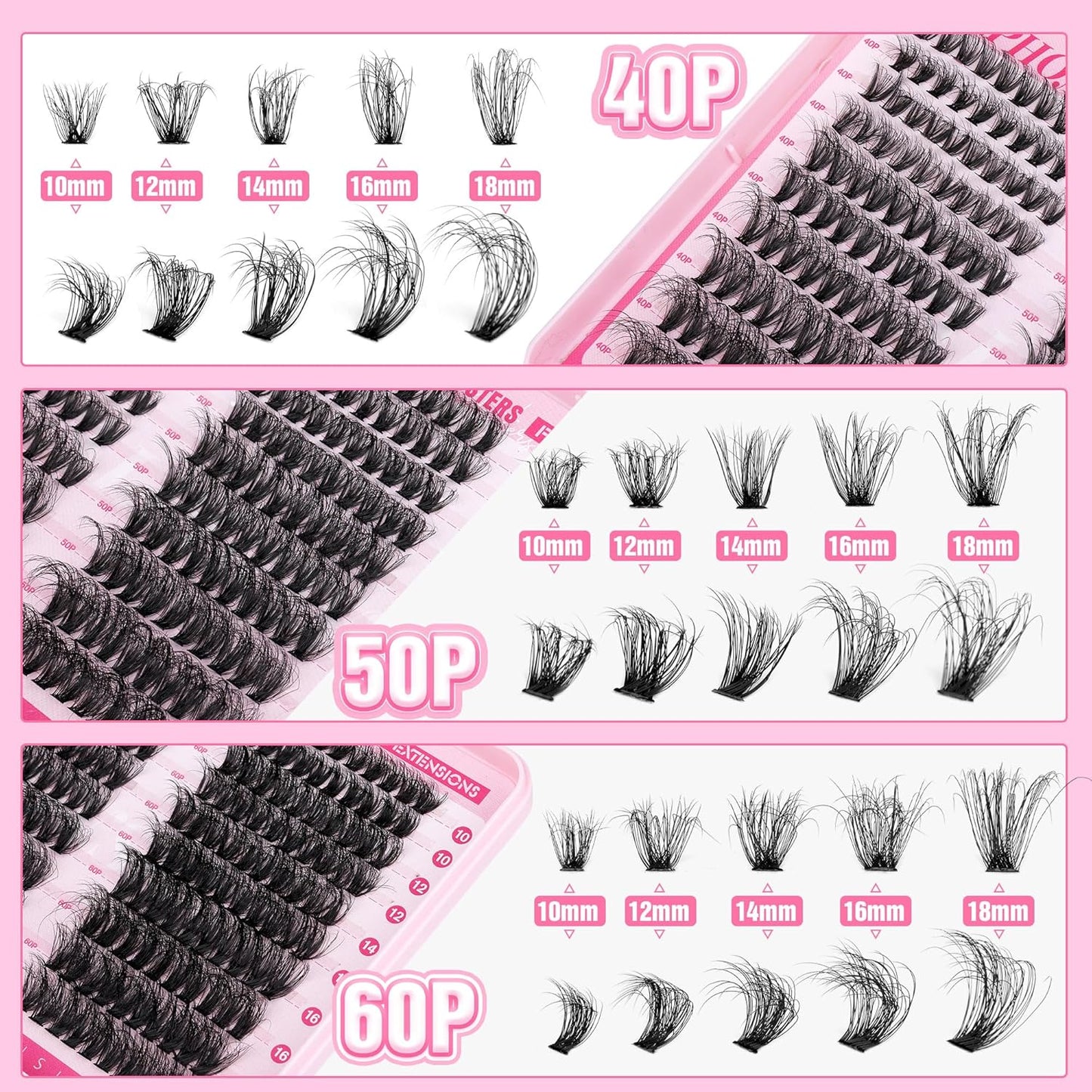 Fluffier Lash Extension Kit 300Pcs DIY Lash Clusters Kit 40D+50D+60D Wispy Cluster Eyelash Extensions 10-18Mm Individual Lashes Kit with Lash Bond and Seal and Tweezers by