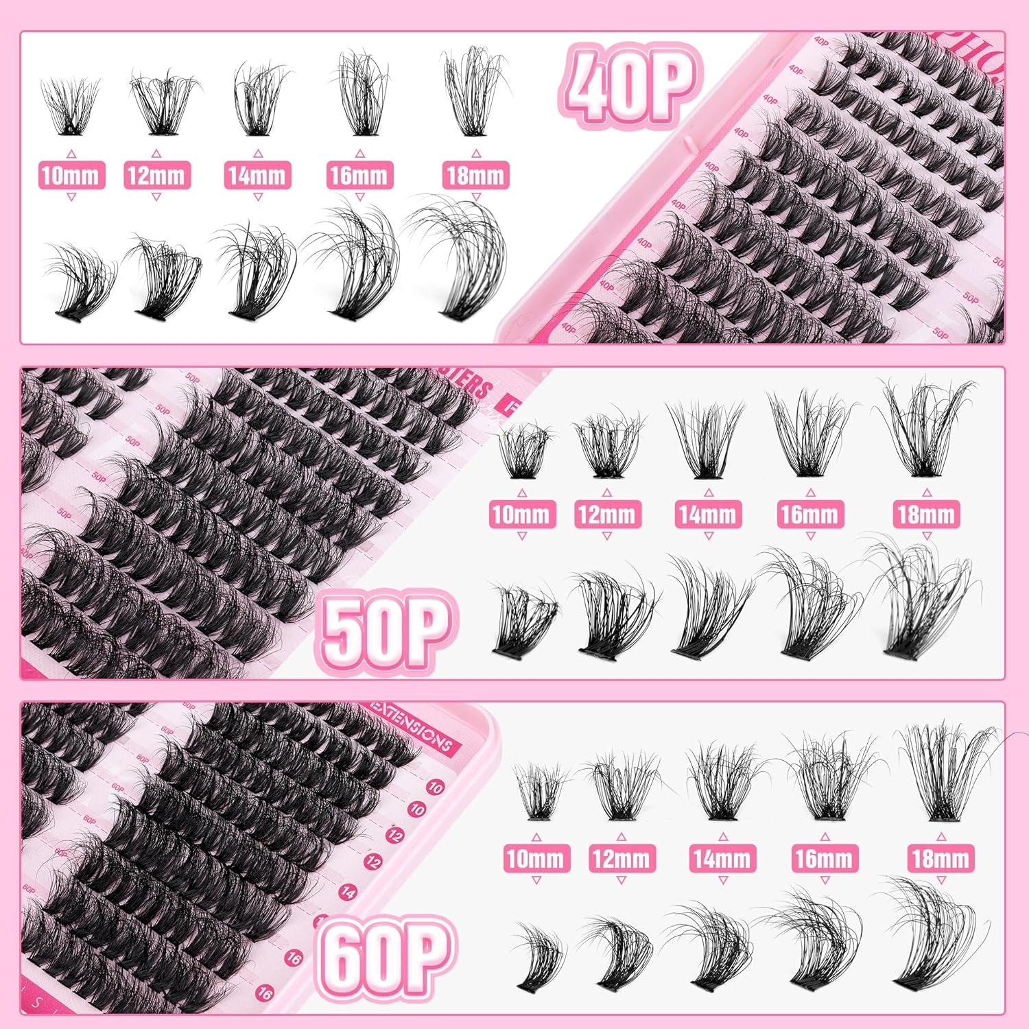 Fluffier Lash Extension Kit 300Pcs DIY Lash Clusters Kit 40D+50D+60D Wispy Cluster Eyelash Extensions 10-18Mm Individual Lashes Kit with Lash Bond and Seal and Tweezers by