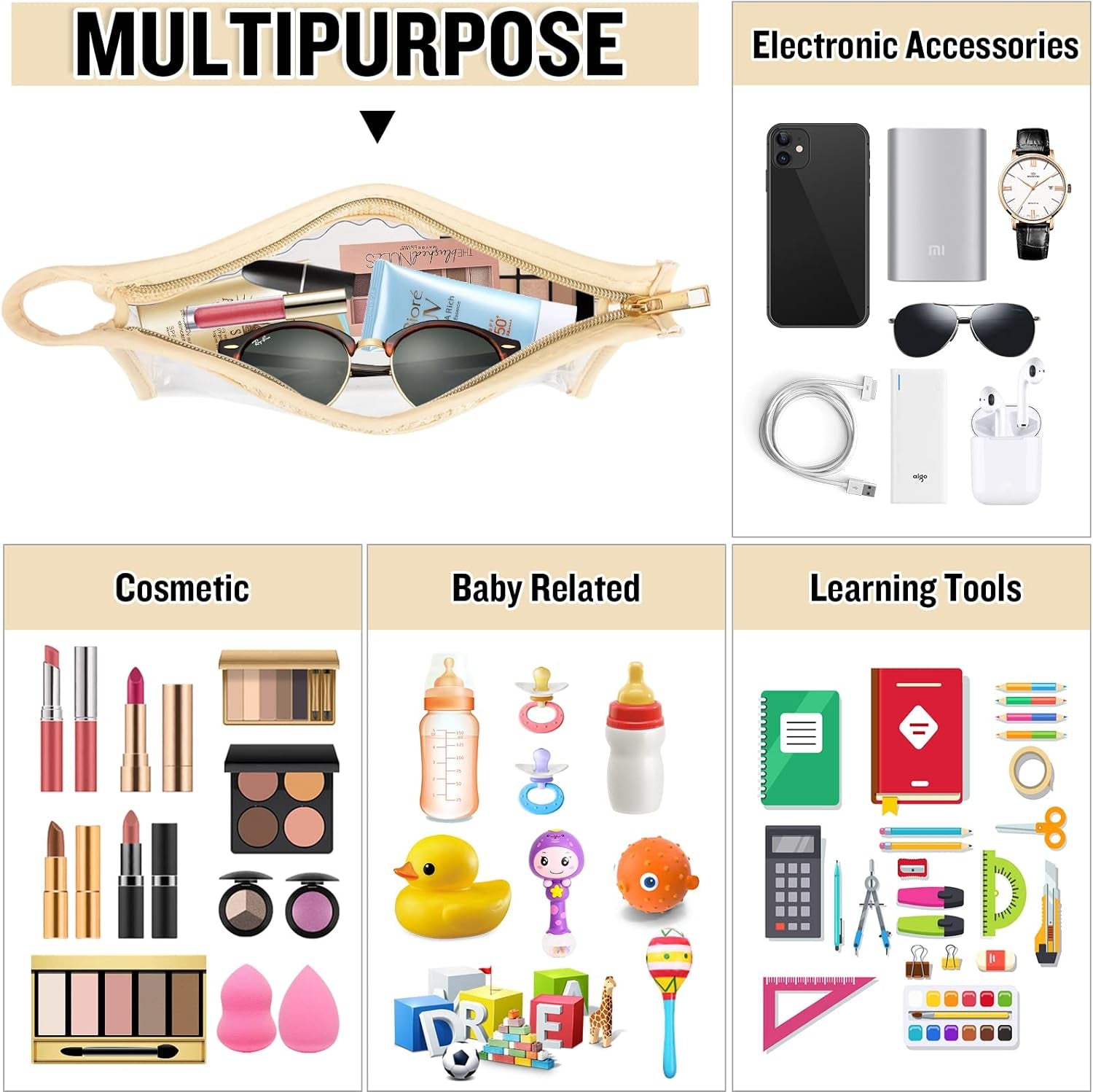 Boho Clear Makeup Bag Cosmetic Zipper Pouch Purse, Clear Toiletry Bags Travel Small Preppy Cute DIY Chenille Letter Bag, Transparent PVC Waterproof Clutch Make up Organizer Storage Bag for Women Girls