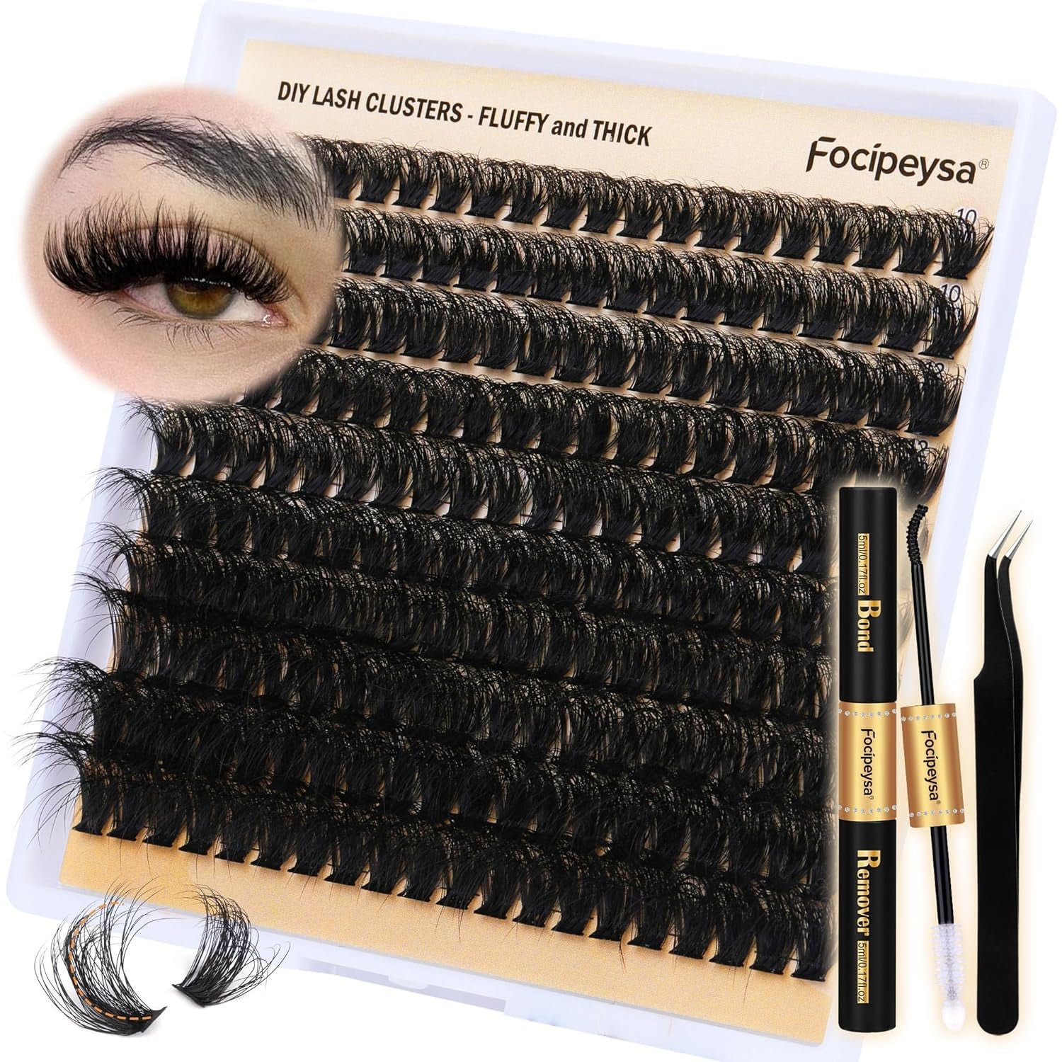DIY Eyelash Extension Kit Volume Thick Lash Clusters Kit 10-18Mm Thick Lash Extensions 90D Individual Eyelashes Extensions Kit with Lash Bond, Lash Remover, Lash Applicator (90D-D Curly-200Pcs)
