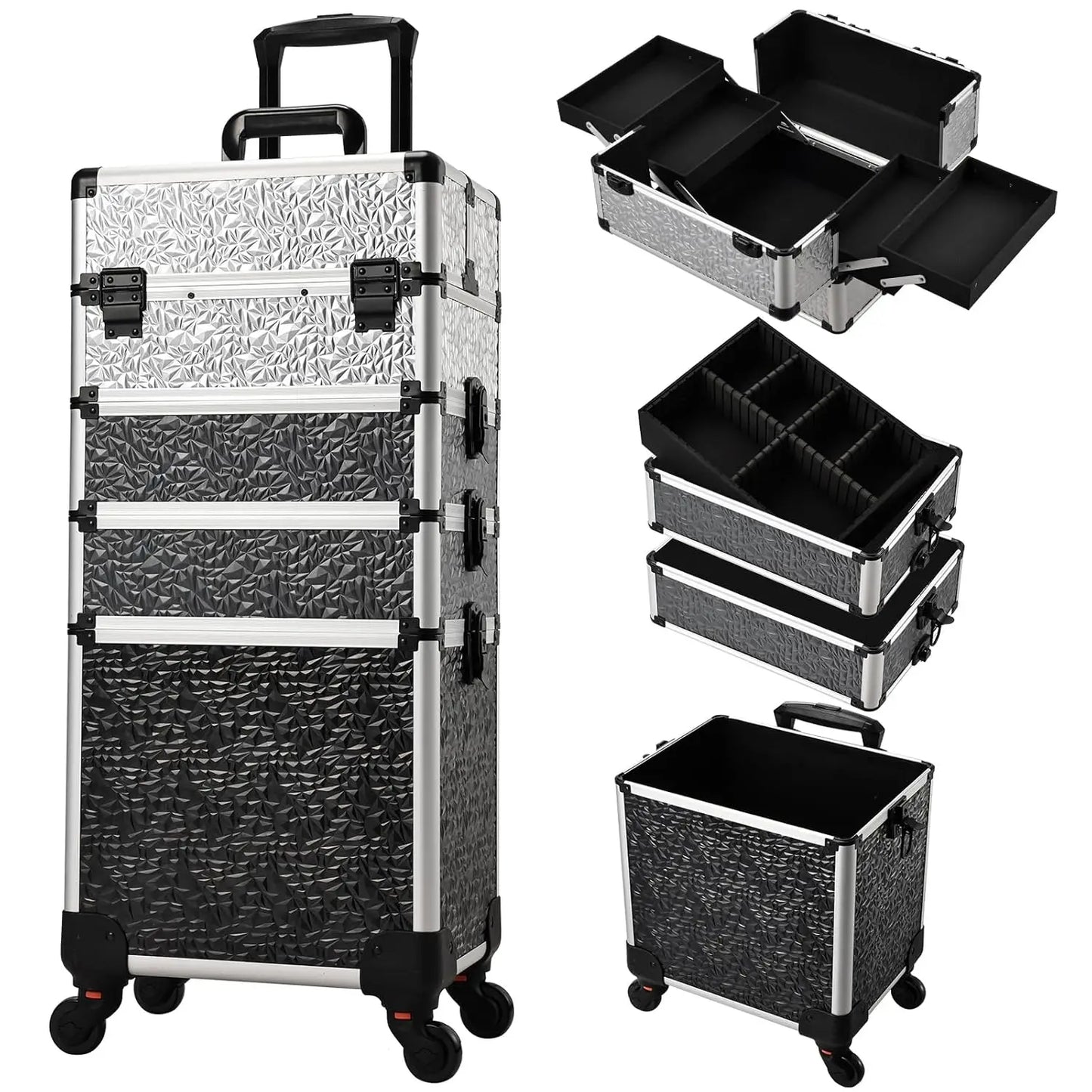 Makeup Trolley Case Detachable 4 in 1 Alloy Train Briefcase for Nail Manicure on Wheels Lock Salon Large Capacity Storage Case