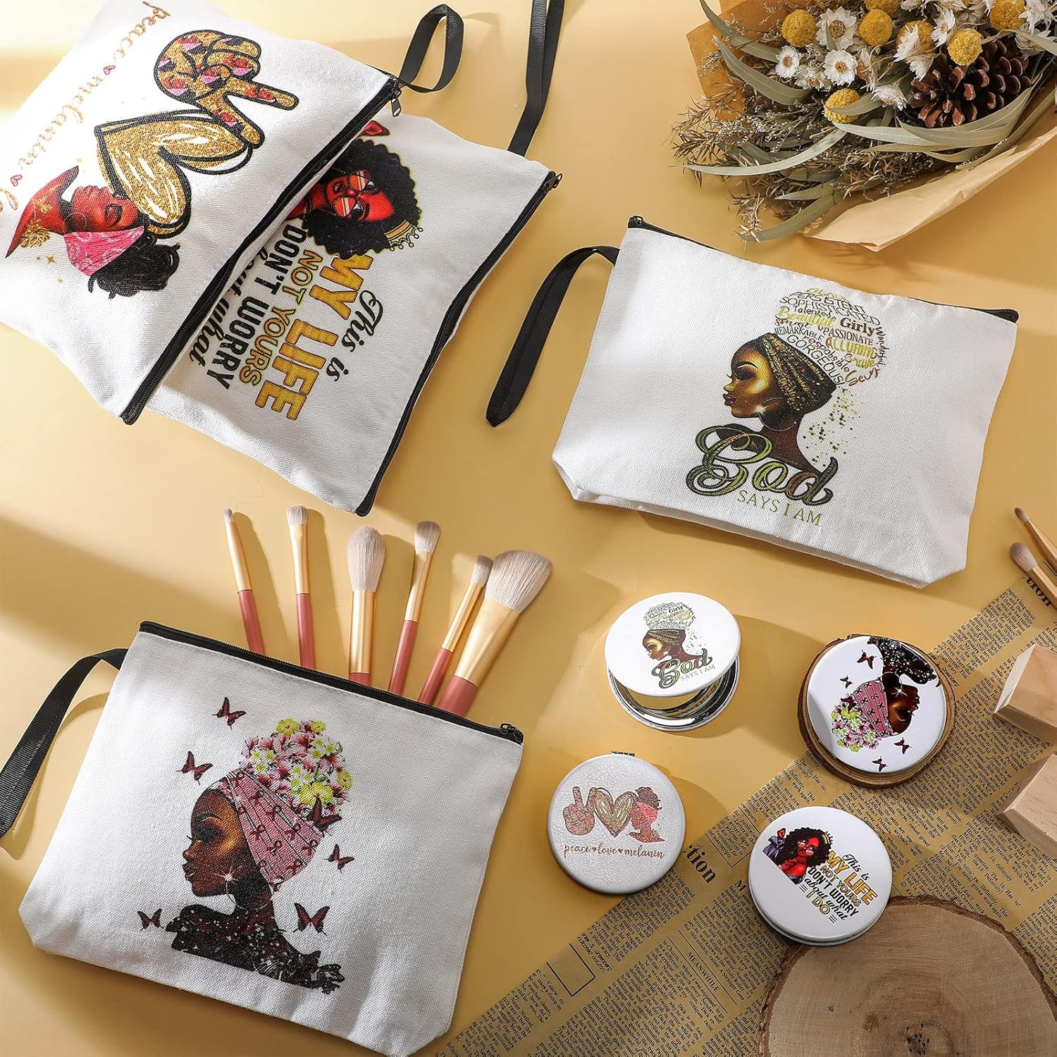 4 Pcs African American Makeup Bags with 4 Pcs Black Girl Compact Mirrors for Black Women Black Girl Gifts Canvas Travel Zippered Toiletry Bag Mirror Double Sides Make up Mirror