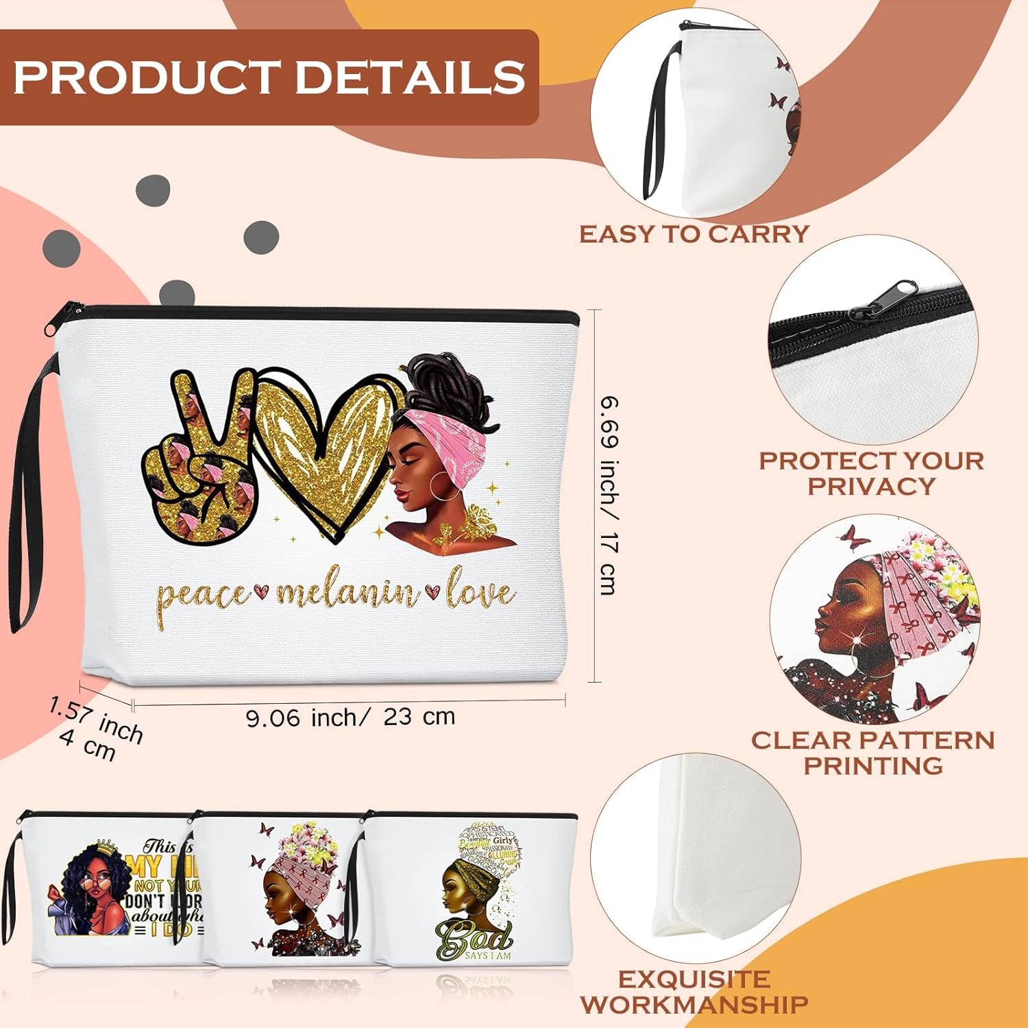 4 Pcs African American Makeup Bags with 4 Pcs Black Girl Compact Mirrors for Black Women Black Girl Gifts Canvas Travel Zippered Toiletry Bag Mirror Double Sides Make up Mirror