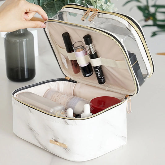 Makeup Bag Cosmetic Bag Travelling Make up Bag Organizer Travel Cases for Women Girls Reusable Toiletry Bags(White Marble)