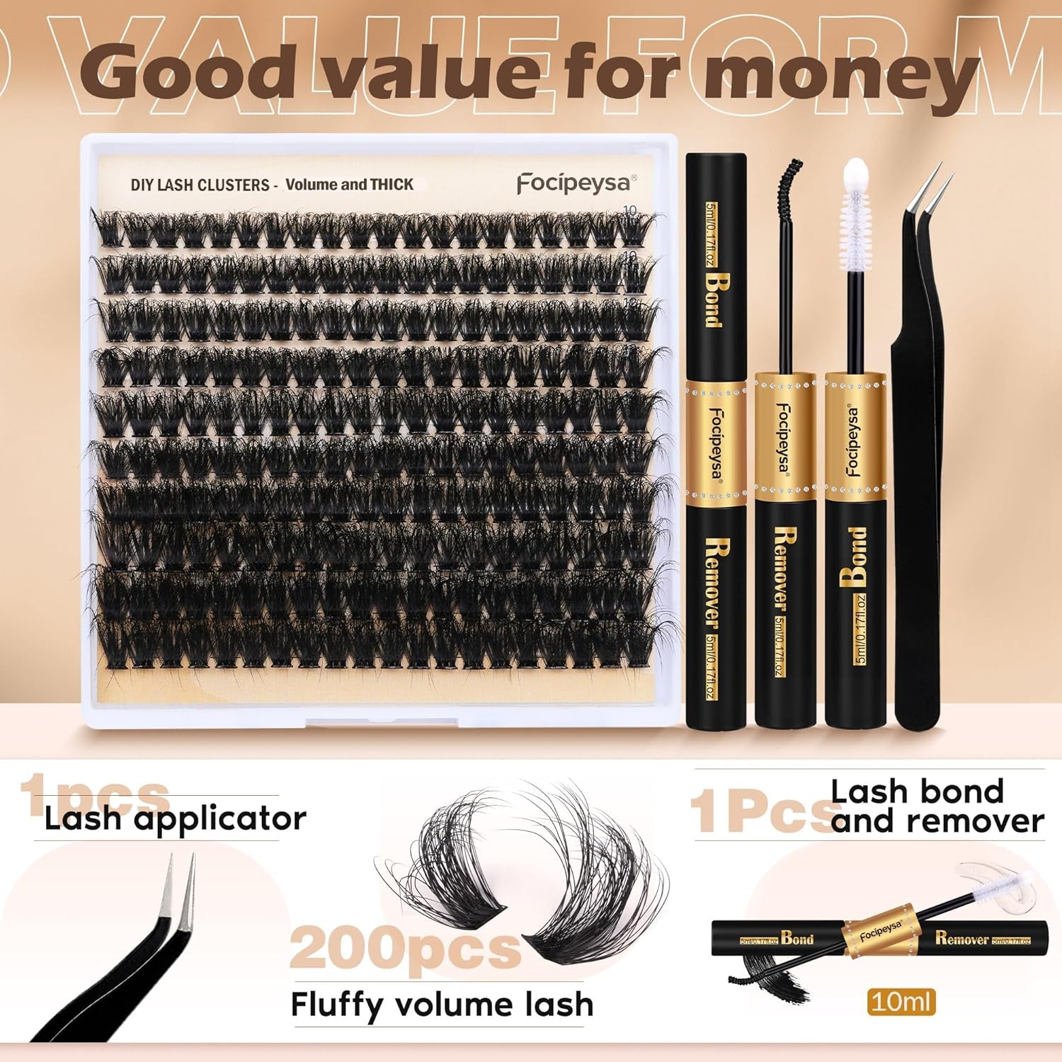 DIY Eyelash Extension Kit Volume Thick Lash Clusters Kit 10-18Mm Thick Lash Extensions 90D Individual Eyelashes Extensions Kit with Lash Bond, Lash Remover, Lash Applicator (90D-D Curly-200Pcs)