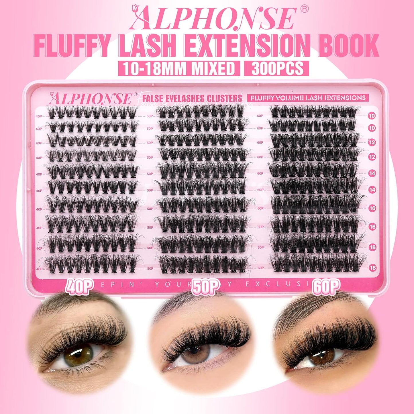 Fluffier Lash Extension Kit 300Pcs DIY Lash Clusters Kit 40D+50D+60D Wispy Cluster Eyelash Extensions 10-18Mm Individual Lashes Kit with Lash Bond and Seal and Tweezers by