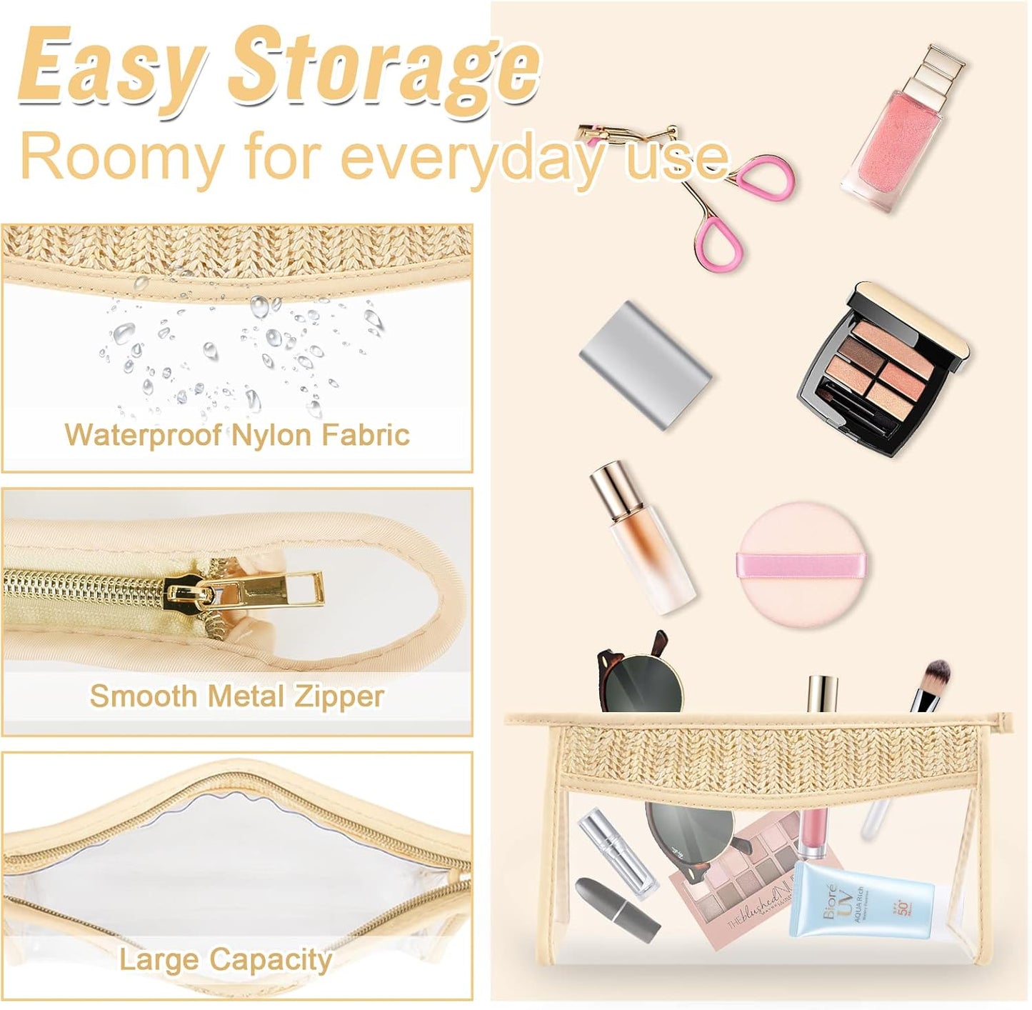 Boho Clear Makeup Bag Cosmetic Zipper Pouch Purse, Clear Toiletry Bags Travel Small Preppy Cute DIY Chenille Letter Bag, Transparent PVC Waterproof Clutch Make up Organizer Storage Bag for Women Girls