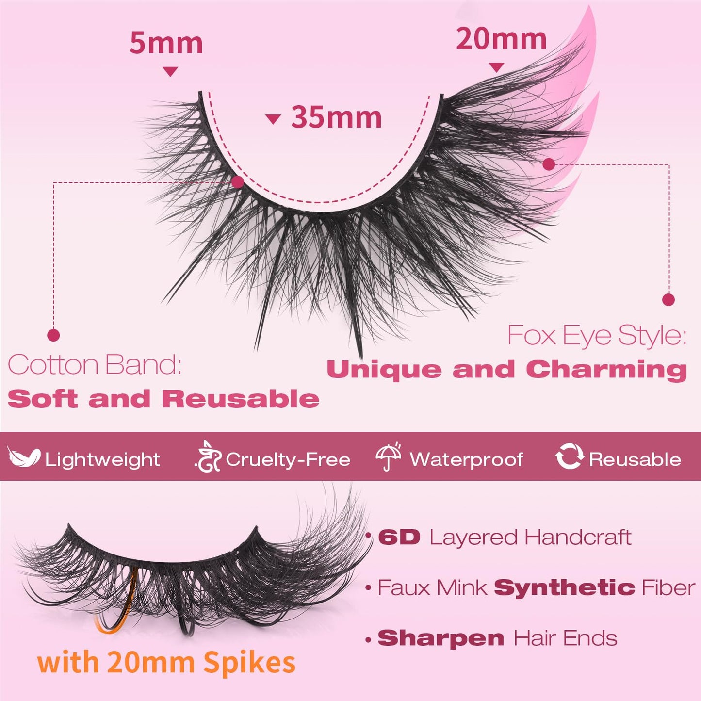 Fox Eye Lashes Wispy Faux Mink Lashes Volume Fairy Cat Eye Lashes That Look like Extensions Spiky Fake Eyelashes 20Mm Long Lash with Spikes