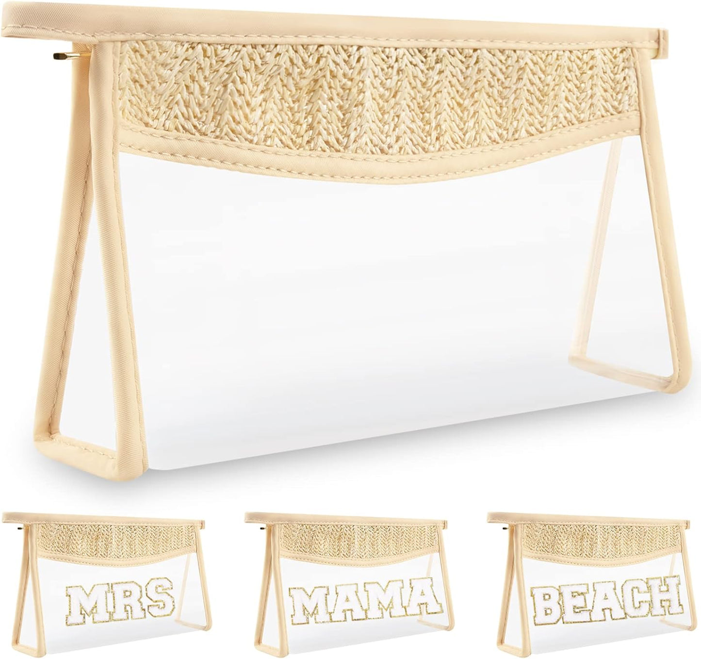 Boho Clear Makeup Bag Cosmetic Zipper Pouch Purse, Clear Toiletry Bags Travel Small Preppy Cute DIY Chenille Letter Bag, Transparent PVC Waterproof Clutch Make up Organizer Storage Bag for Women Girls