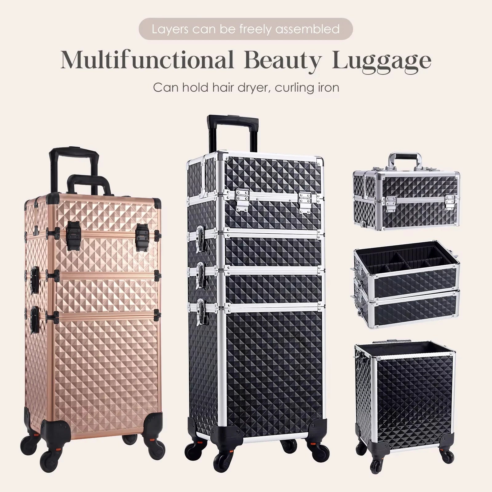 Makeup Trolley Case Detachable 4 in 1 Alloy Train Briefcase for Nail Manicure on Wheels Lock Salon Large Capacity Storage Case