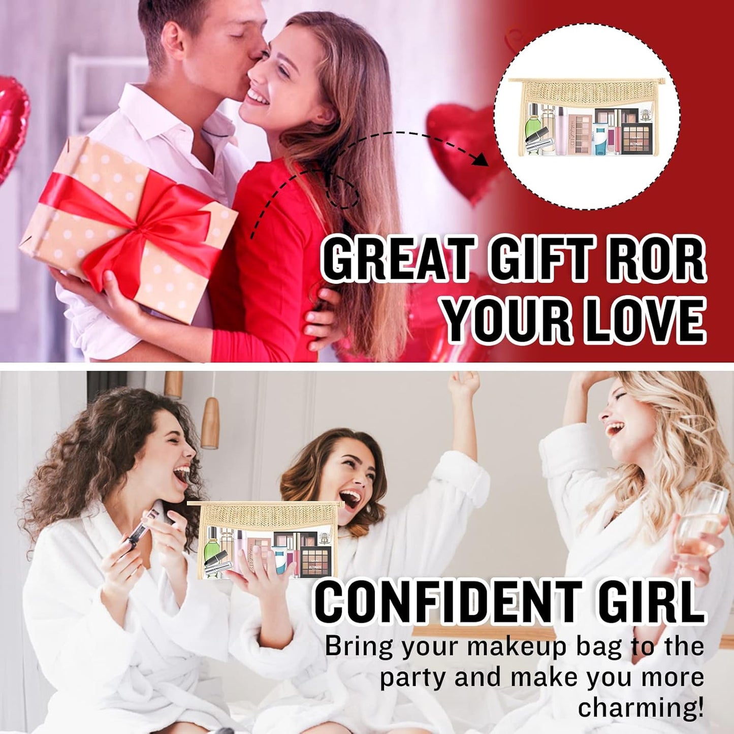 Boho Clear Makeup Bag Cosmetic Zipper Pouch Purse, Clear Toiletry Bags Travel Small Preppy Cute DIY Chenille Letter Bag, Transparent PVC Waterproof Clutch Make up Organizer Storage Bag for Women Girls