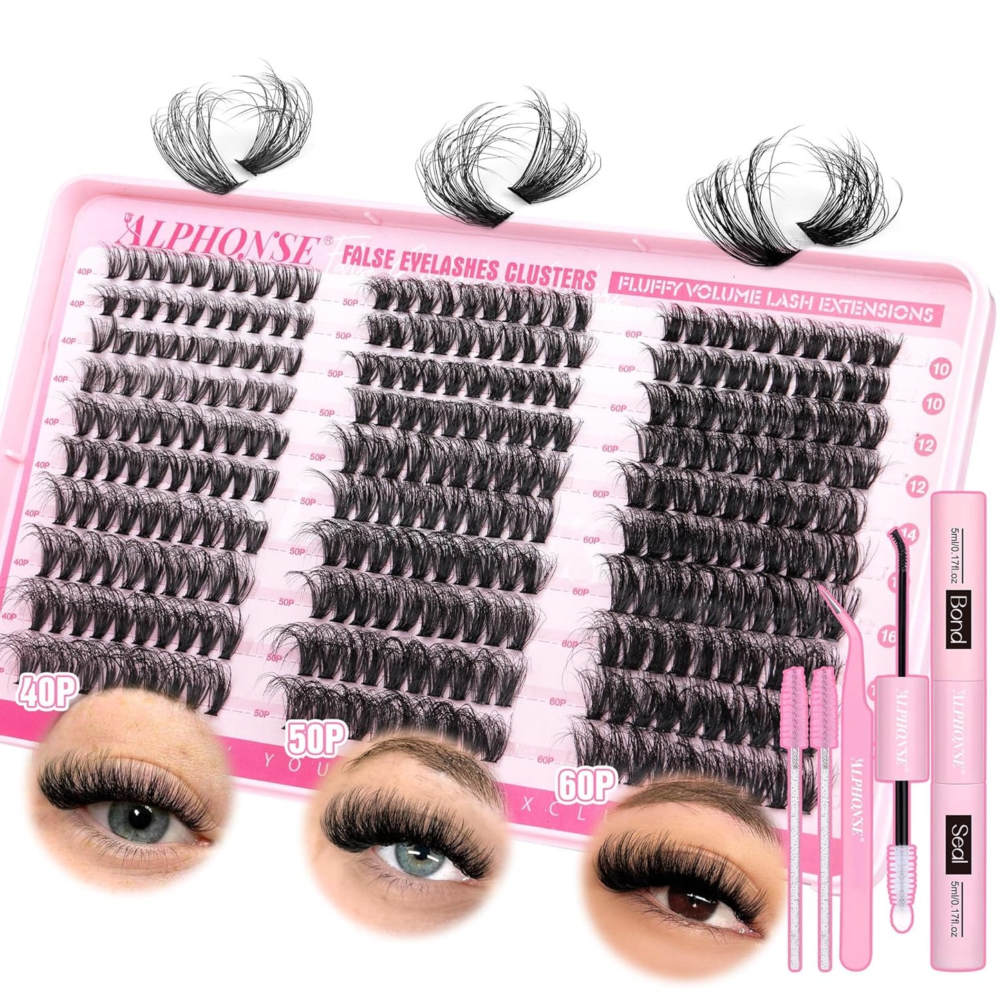 Fluffier Lash Extension Kit 300Pcs DIY Lash Clusters Kit 40D+50D+60D Wispy Cluster Eyelash Extensions 10-18Mm Individual Lashes Kit with Lash Bond and Seal and Tweezers by