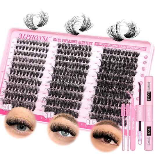 Fluffier Lash Extension Kit 300Pcs DIY Lash Clusters Kit 40D+50D+60D Wispy Cluster Eyelash Extensions 10-18Mm Individual Lashes Kit with Lash Bond and Seal and Tweezers by