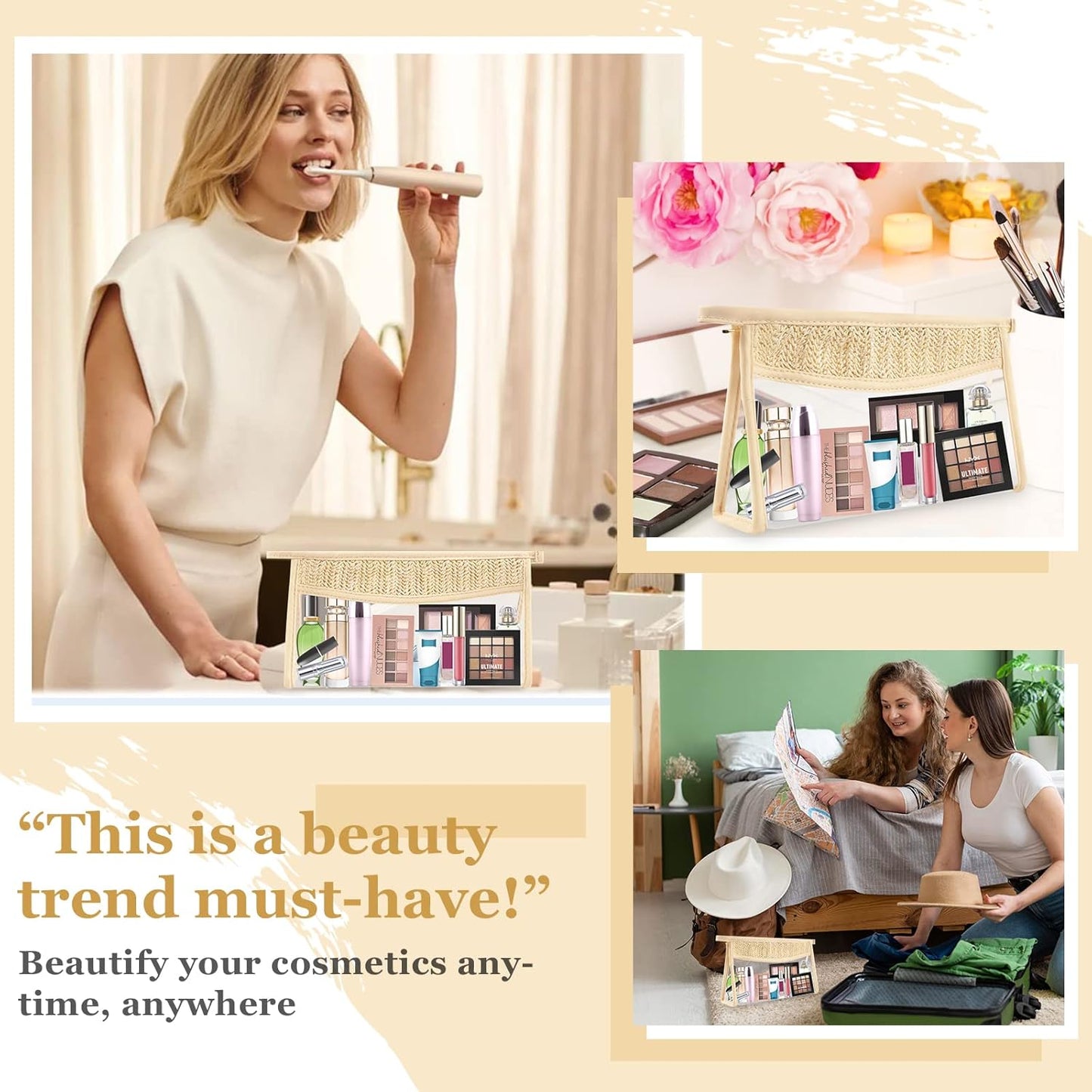 Boho Clear Makeup Bag Cosmetic Zipper Pouch Purse, Clear Toiletry Bags Travel Small Preppy Cute DIY Chenille Letter Bag, Transparent PVC Waterproof Clutch Make up Organizer Storage Bag for Women Girls