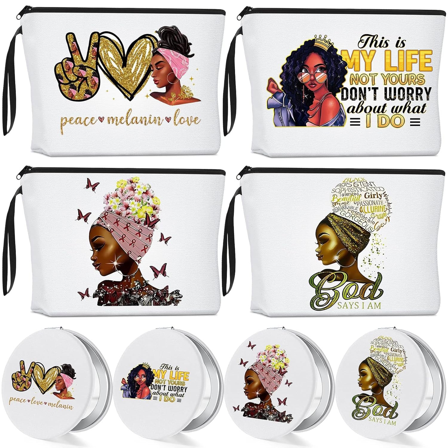 4 Pcs African American Makeup Bags with 4 Pcs Black Girl Compact Mirrors for Black Women Black Girl Gifts Canvas Travel Zippered Toiletry Bag Mirror Double Sides Make up Mirror