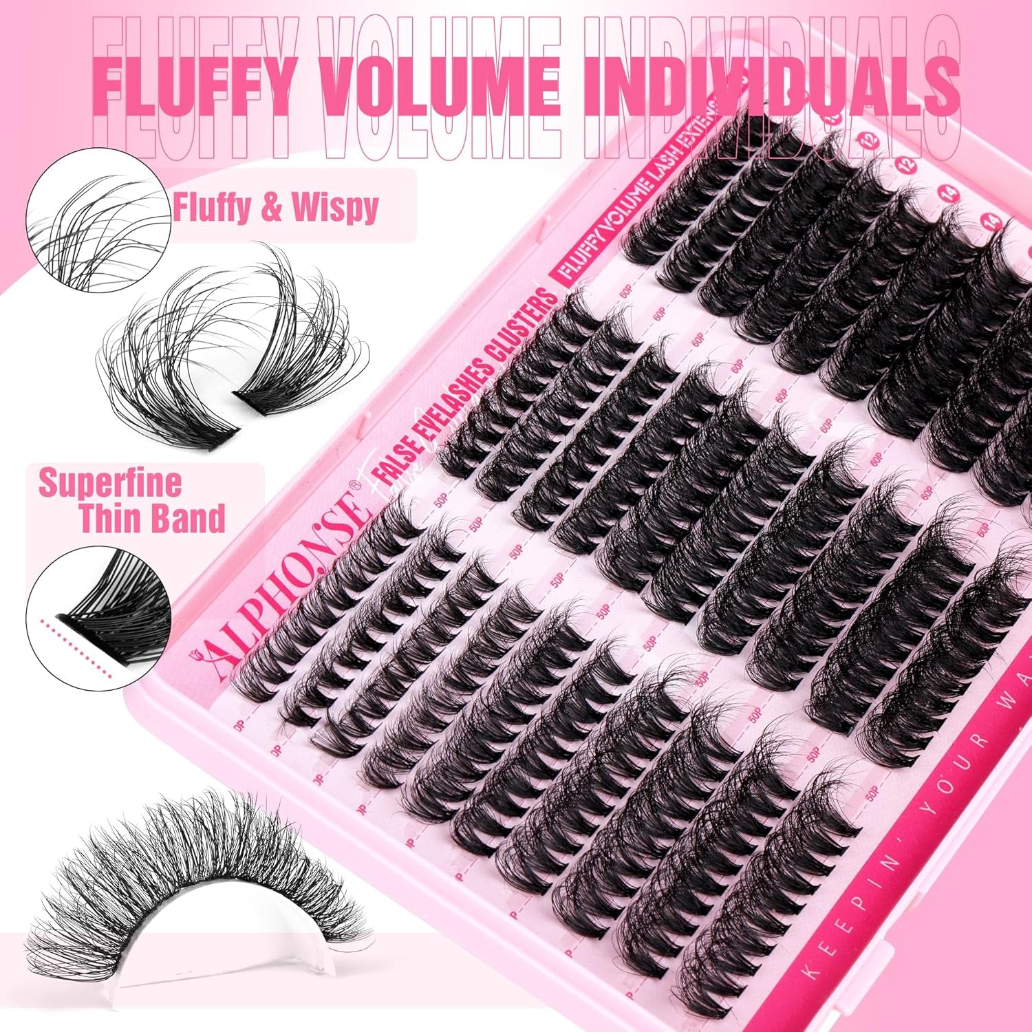 Fluffier Lash Extension Kit 300Pcs DIY Lash Clusters Kit 40D+50D+60D Wispy Cluster Eyelash Extensions 10-18Mm Individual Lashes Kit with Lash Bond and Seal and Tweezers by