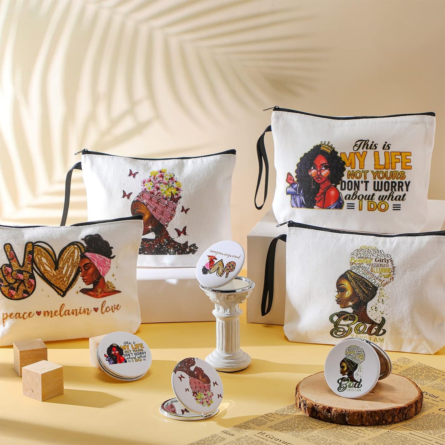 4 Pcs African American Makeup Bags with 4 Pcs Black Girl Compact Mirrors for Black Women Black Girl Gifts Canvas Travel Zippered Toiletry Bag Mirror Double Sides Make up Mirror