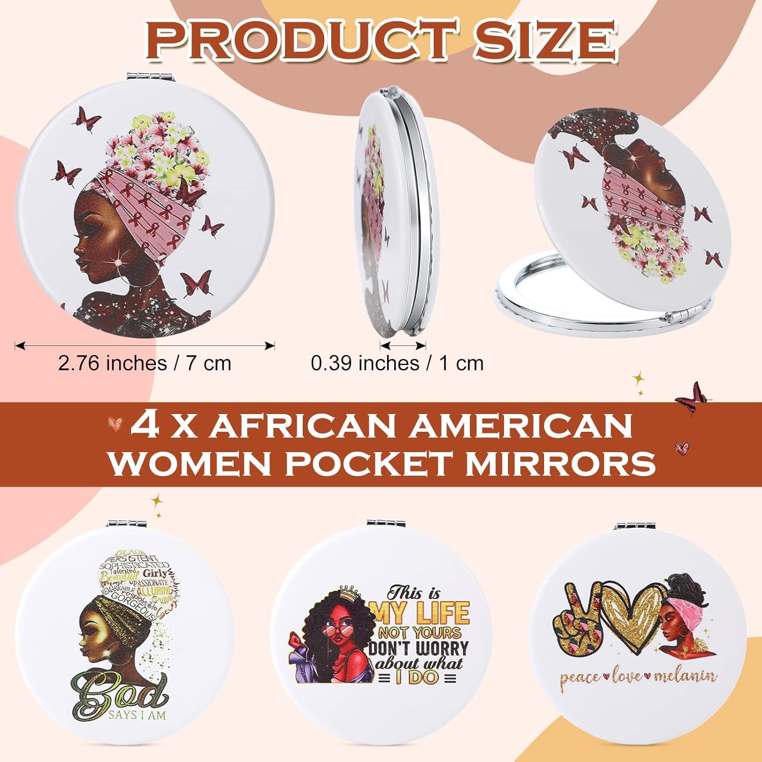 4 Pcs African American Makeup Bags with 4 Pcs Black Girl Compact Mirrors for Black Women Black Girl Gifts Canvas Travel Zippered Toiletry Bag Mirror Double Sides Make up Mirror