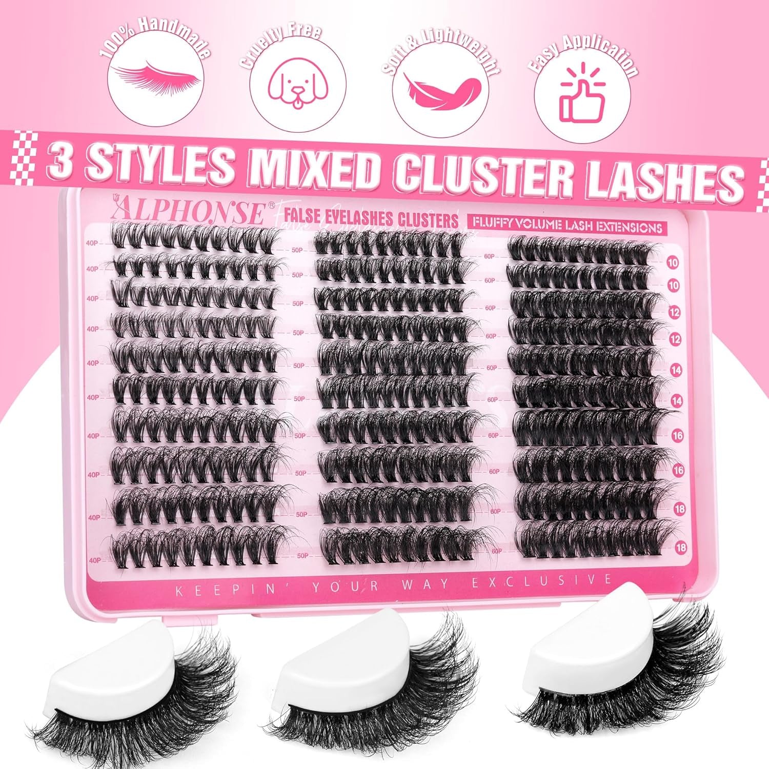 Fluffier Lash Extension Kit 300Pcs DIY Lash Clusters Kit 40D+50D+60D Wispy Cluster Eyelash Extensions 10-18Mm Individual Lashes Kit with Lash Bond and Seal and Tweezers by