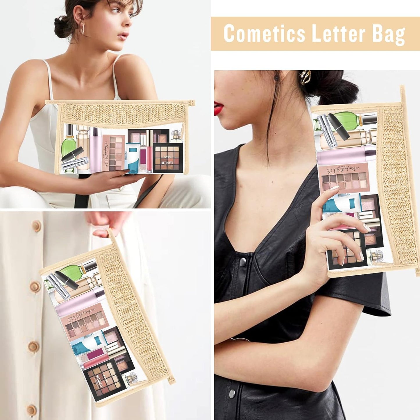 Boho Clear Makeup Bag Cosmetic Zipper Pouch Purse, Clear Toiletry Bags Travel Small Preppy Cute DIY Chenille Letter Bag, Transparent PVC Waterproof Clutch Make up Organizer Storage Bag for Women Girls