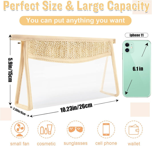 Boho Clear Makeup Bag Cosmetic Zipper Pouch Purse, Clear Toiletry Bags Travel Small Preppy Cute DIY Chenille Letter Bag, Transparent PVC Waterproof Clutch Make up Organizer Storage Bag for Women Girls